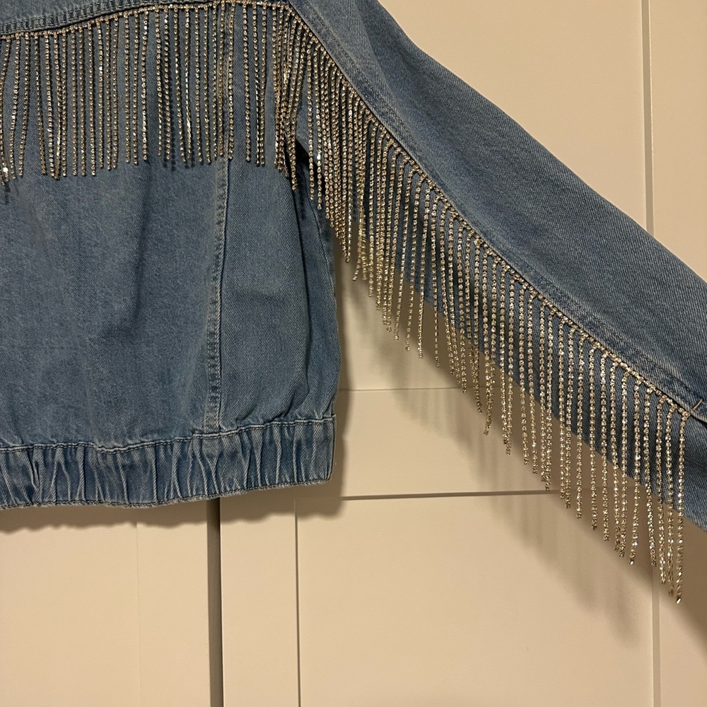 jean jacket with rhinestone fringe